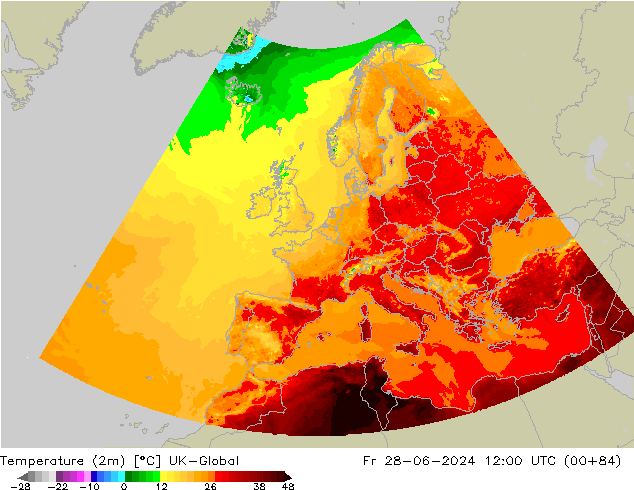 Temperature (2m) UK-Global Fr 28.06.2024 12 UTC