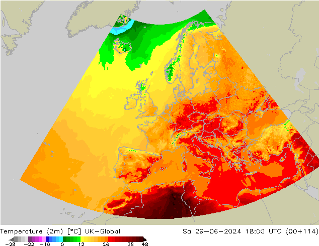 Temperature (2m) UK-Global Sa 29.06.2024 18 UTC