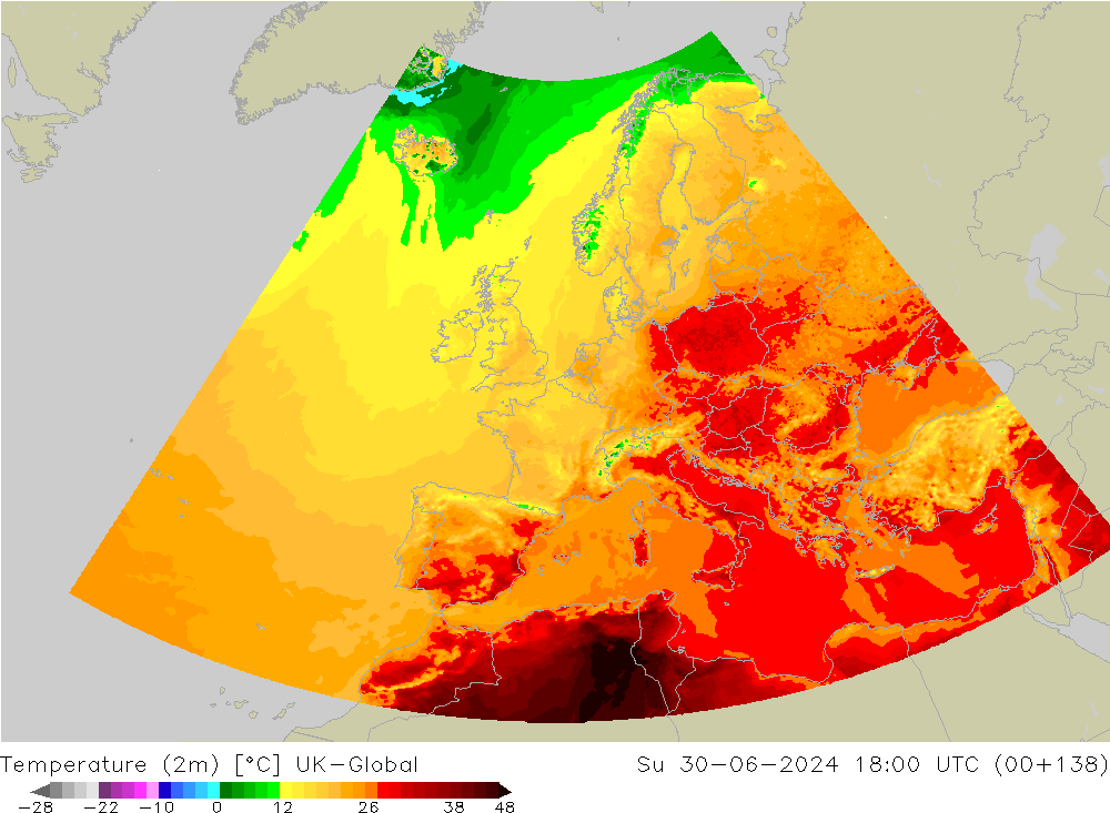 Temperatuurkaart (2m) UK-Global zo 30.06.2024 18 UTC