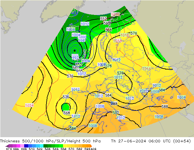 Thck 500-1000гПа UK-Global чт 27.06.2024 06 UTC