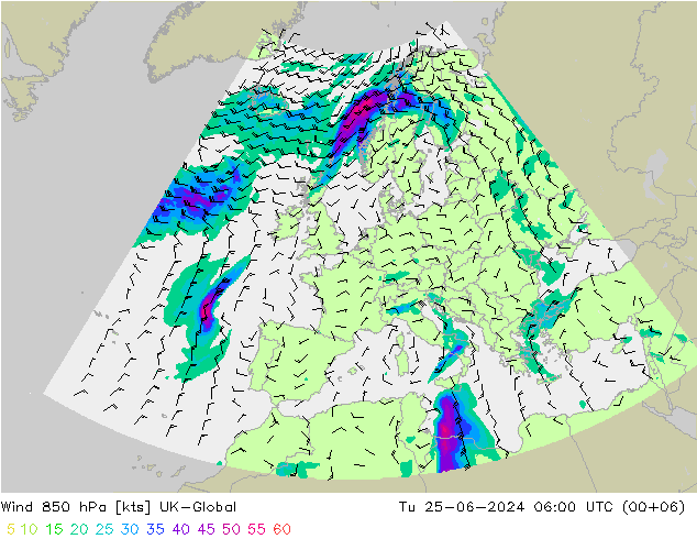 Wind 850 hPa UK-Global di 25.06.2024 06 UTC