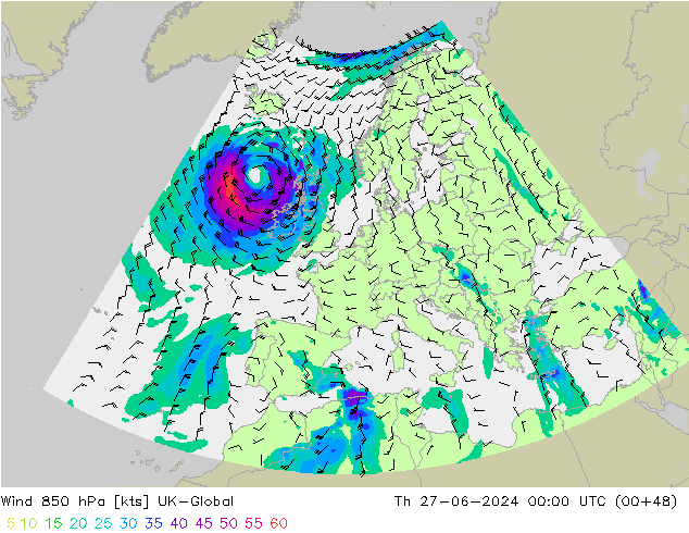 wiatr 850 hPa UK-Global czw. 27.06.2024 00 UTC