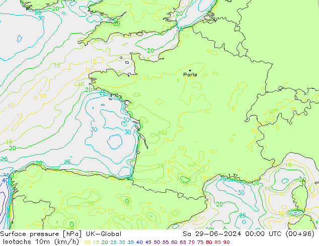 Isotachs (kph) UK-Global sam 29.06.2024 00 UTC