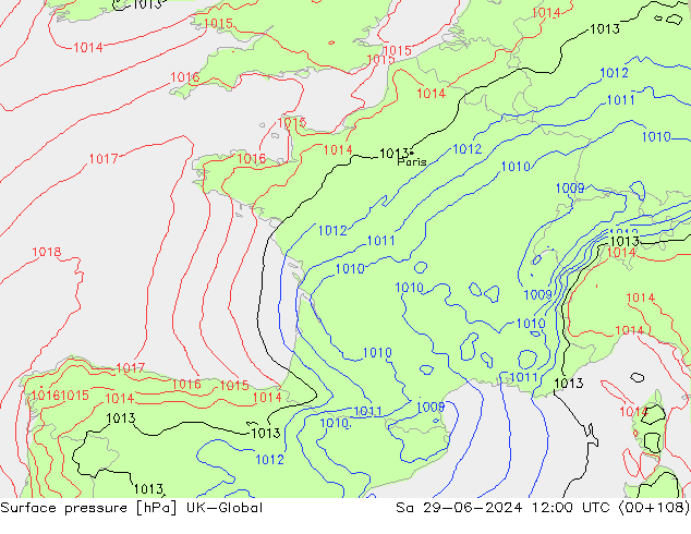 Pressione al suolo UK-Global sab 29.06.2024 12 UTC