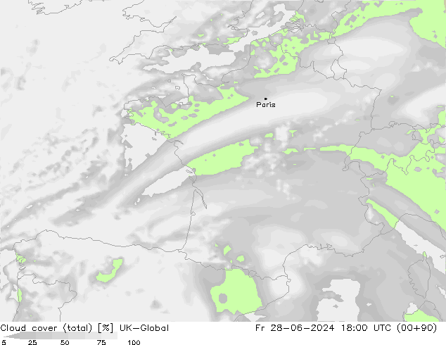 Cloud cover (total) UK-Global Fr 28.06.2024 18 UTC