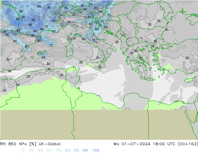 Humedad rel. 850hPa UK-Global lun 01.07.2024 18 UTC