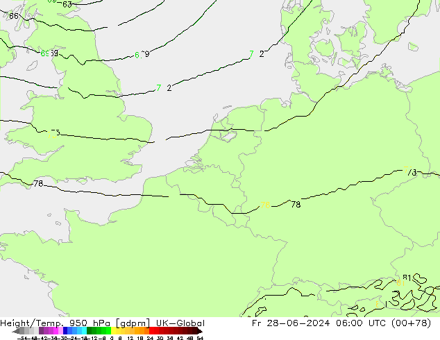 Height/Temp. 950 hPa UK-Global Fr 28.06.2024 06 UTC