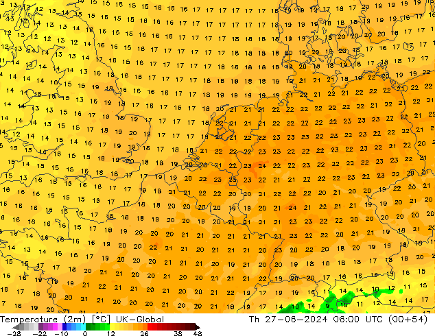 Temperatuurkaart (2m) UK-Global do 27.06.2024 06 UTC