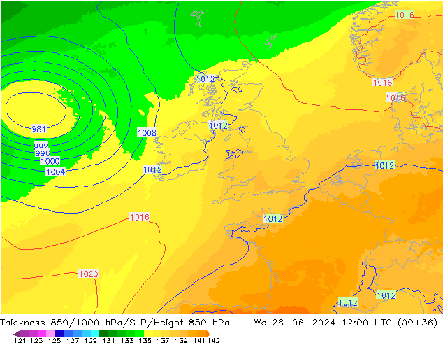 Thck 850-1000 hPa UK-Global We 26.06.2024 12 UTC