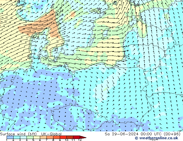 Surface wind (bft) UK-Global Sa 29.06.2024 00 UTC