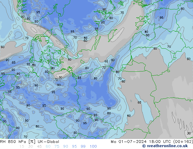 Humidité rel. 850 hPa UK-Global lun 01.07.2024 18 UTC