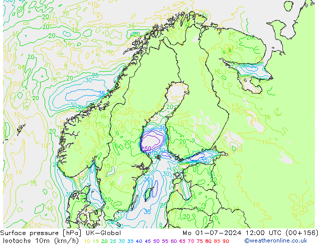 Isotachen (km/h) UK-Global ma 01.07.2024 12 UTC