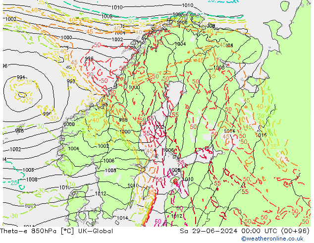 Theta-e 850hPa UK-Global Sáb 29.06.2024 00 UTC