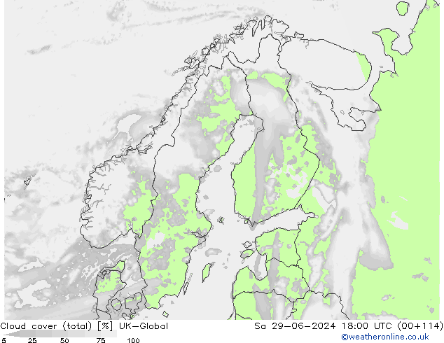 Bewolking (Totaal) UK-Global za 29.06.2024 18 UTC