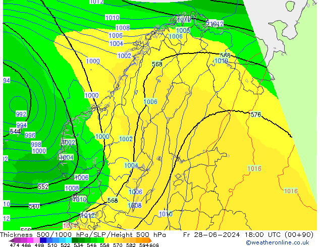 Schichtdicke 500-1000 hPa UK-Global Fr 28.06.2024 18 UTC