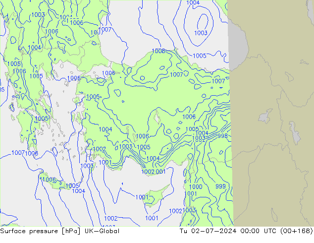 Surface pressure UK-Global Tu 02.07.2024 00 UTC