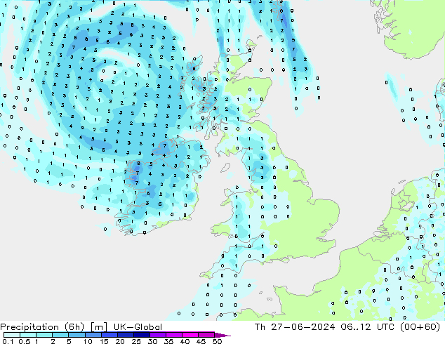 Precipitation (6h) UK-Global Čt 27.06.2024 12 UTC