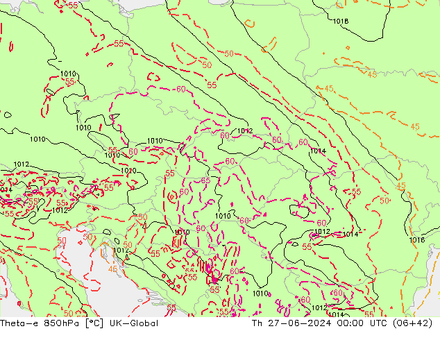 Theta-e 850гПа UK-Global чт 27.06.2024 00 UTC
