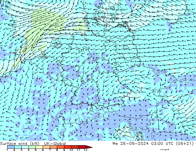 Surface wind (bft) UK-Global We 26.06.2024 03 UTC