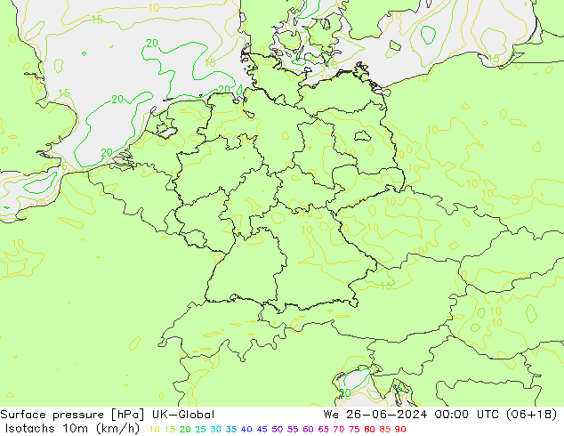 Isotachen (km/h) UK-Global wo 26.06.2024 00 UTC