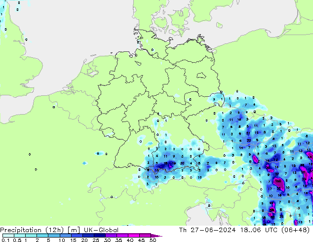 Precipitation (12h) UK-Global Th 27.06.2024 06 UTC