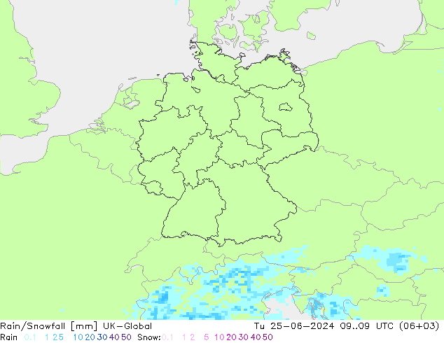 Regen/Schneefall UK-Global Di 25.06.2024 09 UTC