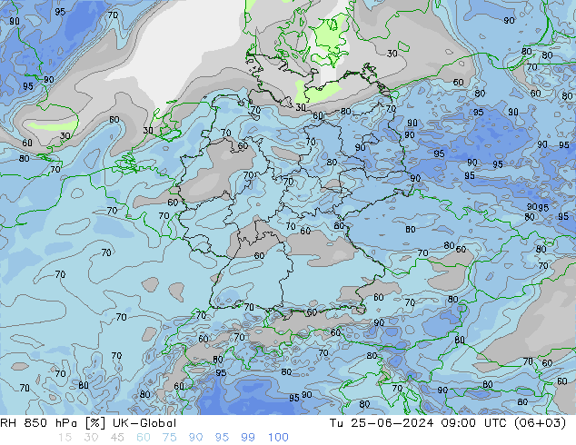 RH 850 hPa UK-Global Tu 25.06.2024 09 UTC