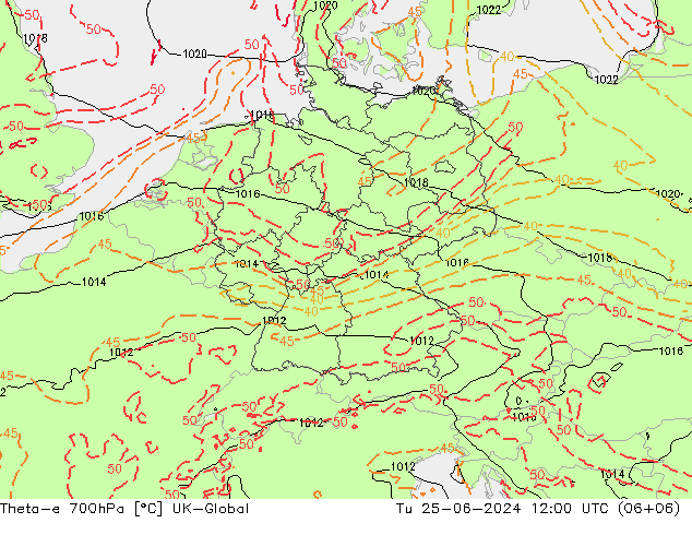 Theta-e 700hPa UK-Global Út 25.06.2024 12 UTC