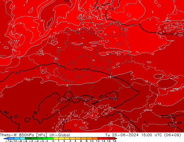 Theta-W 850hPa UK-Global Út 25.06.2024 15 UTC