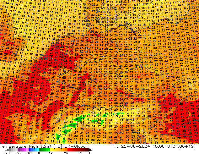 Temperature High (2m) UK-Global Tu 25.06.2024 18 UTC