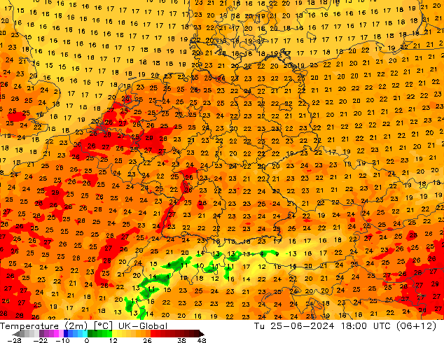 Temperature (2m) UK-Global Tu 25.06.2024 18 UTC