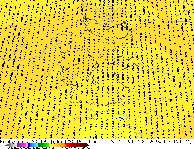 Géop./Temp. 700 hPa UK-Global mer 26.06.2024 06 UTC