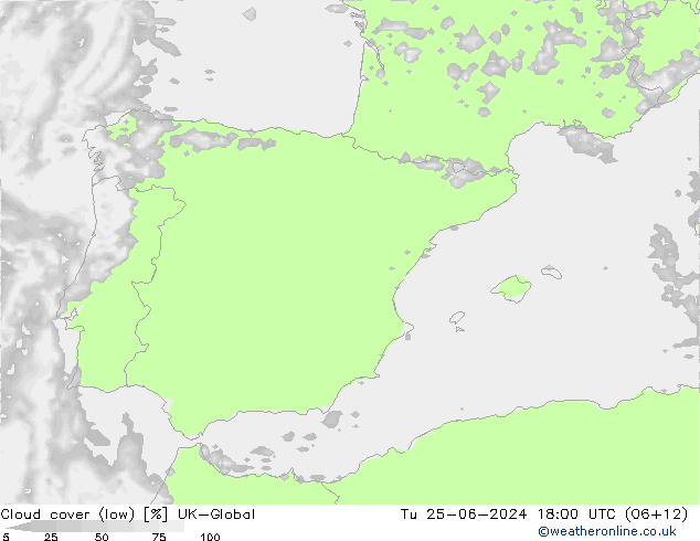 Cloud cover (low) UK-Global Tu 25.06.2024 18 UTC