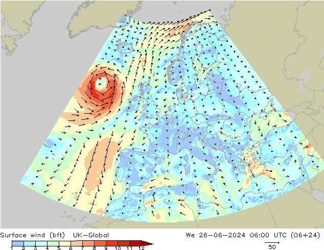 Vento 10 m (bft) UK-Global Qua 26.06.2024 06 UTC