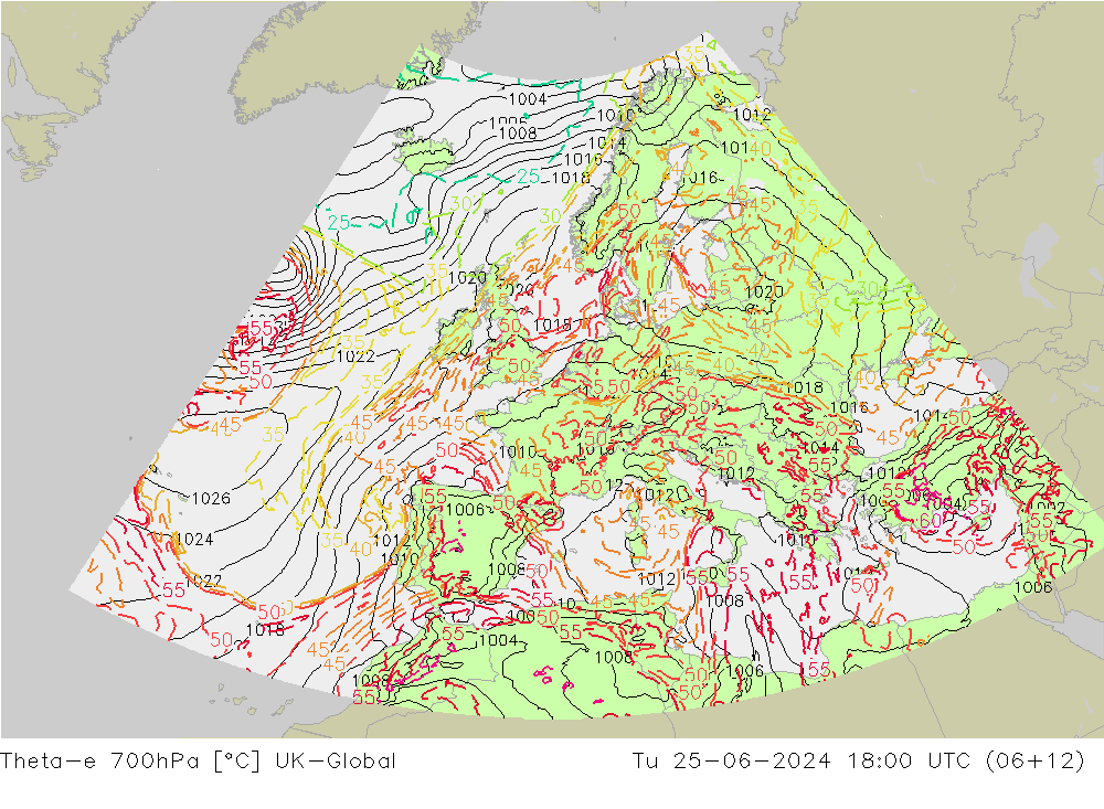Theta-e 700hPa UK-Global Di 25.06.2024 18 UTC