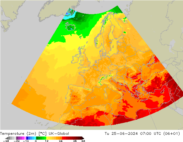 Temperature (2m) UK-Global Út 25.06.2024 07 UTC