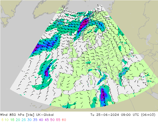 风 850 hPa UK-Global 星期二 25.06.2024 09 UTC