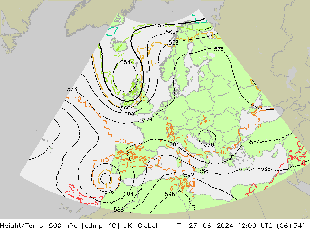 Height/Temp. 500 hPa UK-Global Th 27.06.2024 12 UTC