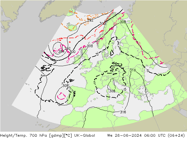 Height/Temp. 700 hPa UK-Global 星期三 26.06.2024 06 UTC