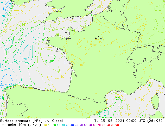 Isotachs (kph) UK-Global Tu 25.06.2024 09 UTC