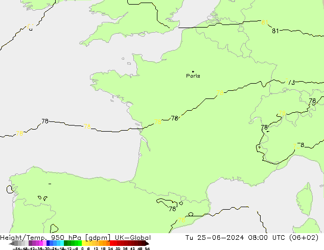 Height/Temp. 950 hPa UK-Global Tu 25.06.2024 08 UTC