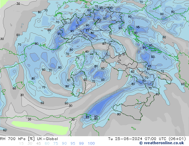 RH 700 hPa UK-Global mar 25.06.2024 07 UTC