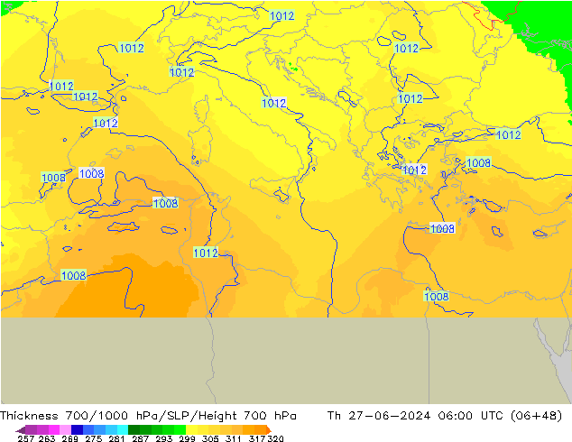 Espesor 700-1000 hPa UK-Global jue 27.06.2024 06 UTC