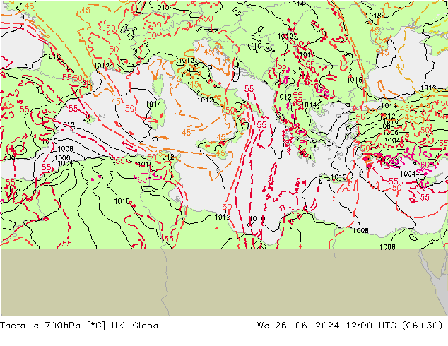 Theta-e 700hPa UK-Global St 26.06.2024 12 UTC