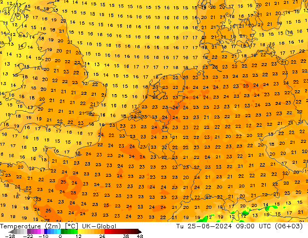 Temperaturkarte (2m) UK-Global Di 25.06.2024 09 UTC
