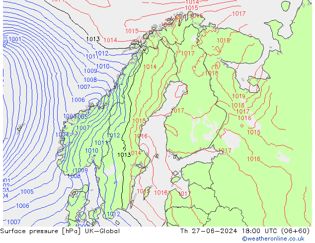 Surface pressure UK-Global Th 27.06.2024 18 UTC