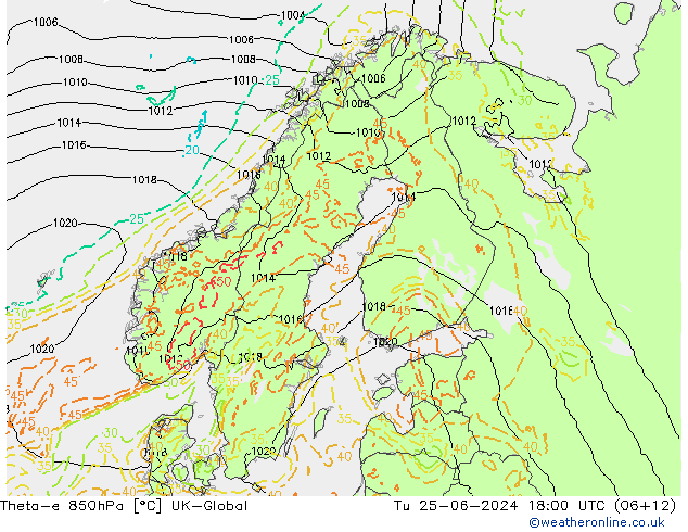 Theta-e 850hPa UK-Global mar 25.06.2024 18 UTC