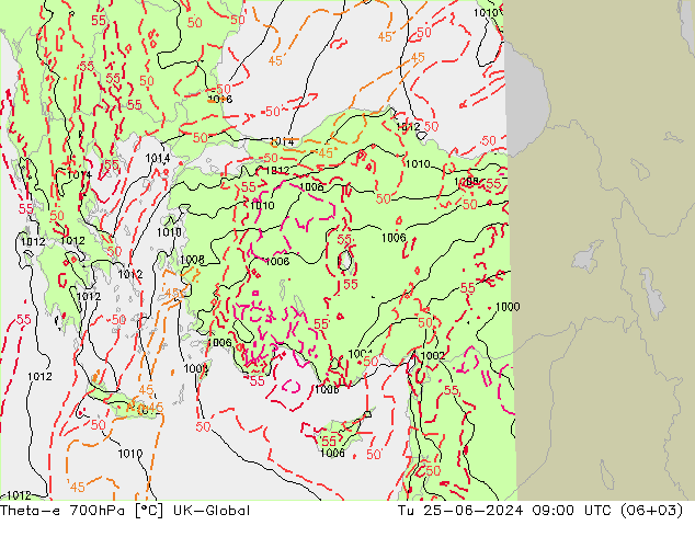 Theta-e 700hPa UK-Global Tu 25.06.2024 09 UTC