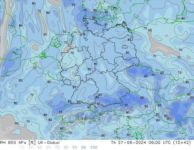 RH 850 hPa UK-Global Čt 27.06.2024 06 UTC