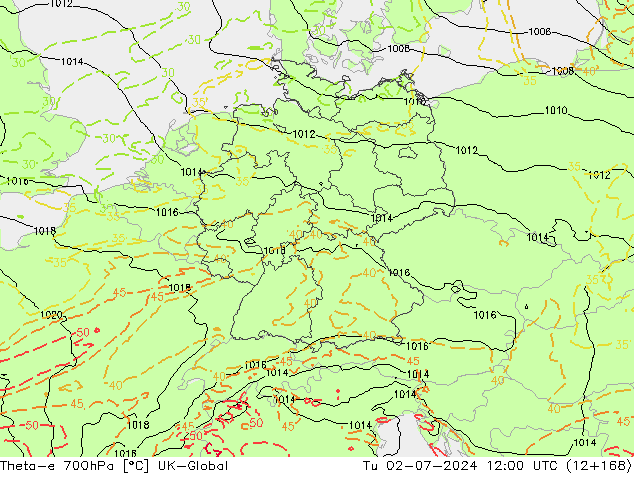 Theta-e 700hPa UK-Global Tu 02.07.2024 12 UTC